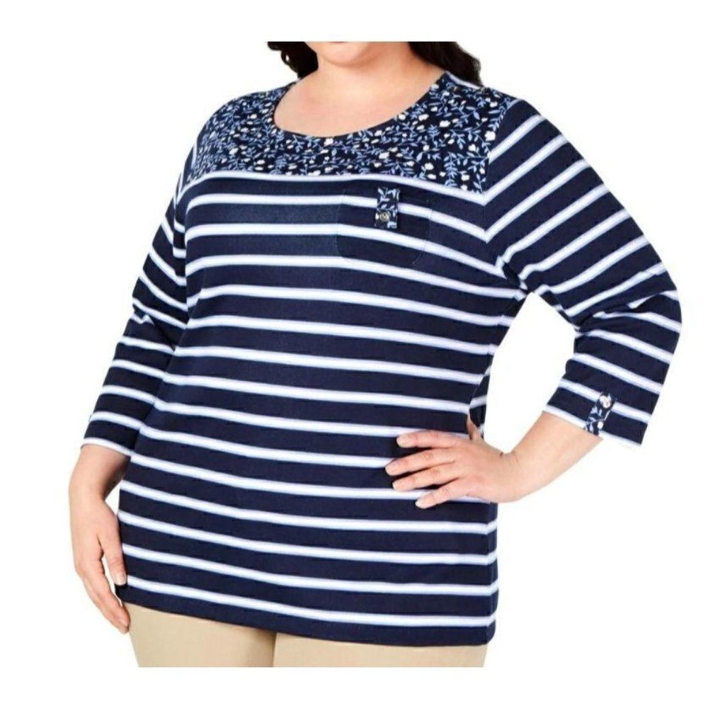 Karen Scott NEW Plus-Size Blue/White Stripe Top 1X‎
